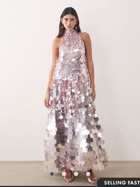 ASOS Pink Silver Sequin Halter Prom Gown